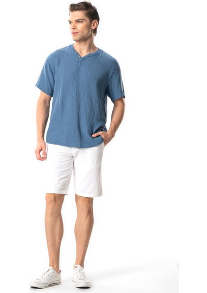 Kısa Kol Erkek Ribanalı Yazlık Müslin Tshirt Indigo Indg