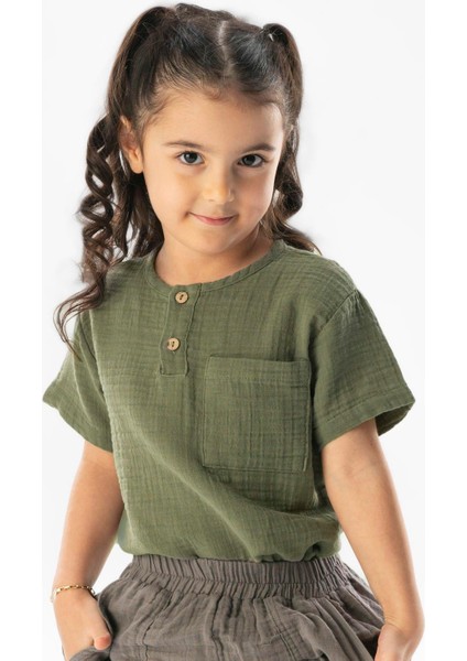 Kısa Kol Batı Cep Detaylı Yazlık Müslin Kız Çocuk Tshirt Haki Hk
