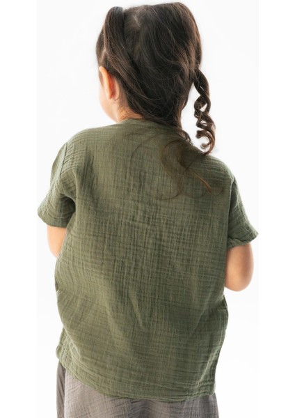 Kısa Kol Batı Cep Detaylı Yazlık Müslin Kız Çocuk Tshirt Haki Hk fiyatları