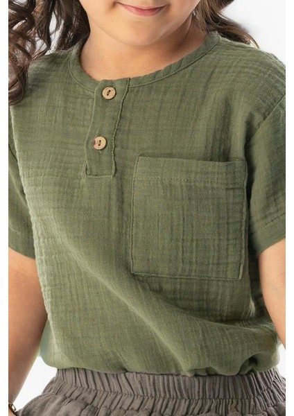 Kısa Kol Batı Cep Detaylı Yazlık Müslin Kız Çocuk Tshirt Haki Hk modelleri