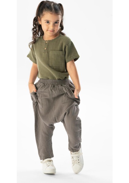 Kısa Kol Batı Cep Detaylı Yazlık Müslin Kız Çocuk Tshirt Haki Hk fırsatları