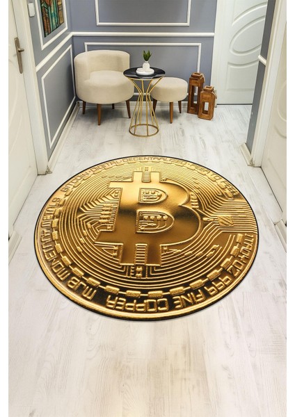 Yuvarlak Dijital Baskı Btc Desenli Dot Kaymaz Tabanlı Halı H0309