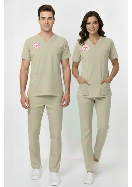 Unisex Bej Moth Teknisyen Tekniker Tıbbı Sekreter Scrubs Üniforma Takım (Sağlık Bak.yeni Yön.uygun)