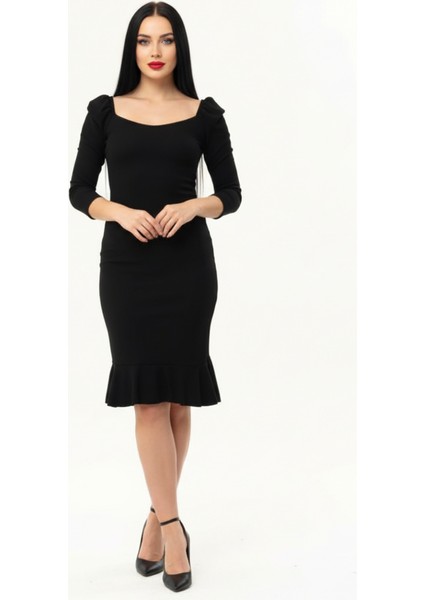 Kadın Siyah Balon Kol Eteği Volanlı Elbise
