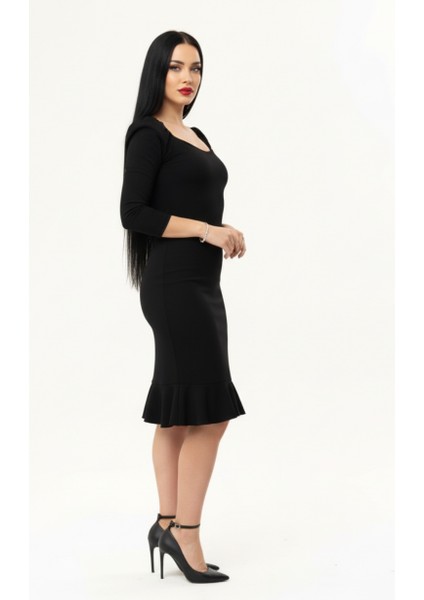 Kadın Siyah Balon Kol Eteği Volanlı Elbise fiyatları