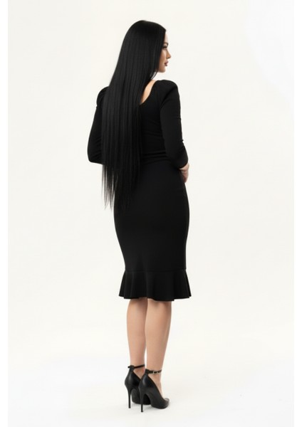 Kadın Siyah Balon Kol Eteği Volanlı Elbise modelleri