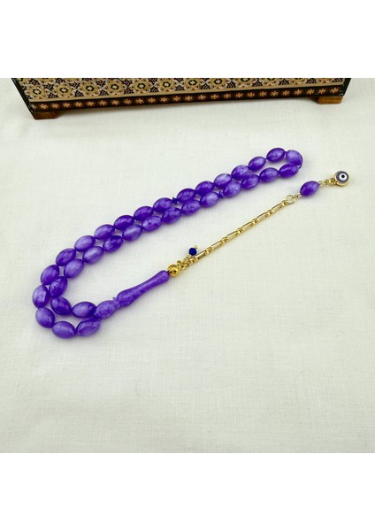 Mor Simli Sıkma Kehribar Altın Yaldız Püskül Dizaynlı Koleksiyonluk Tespih