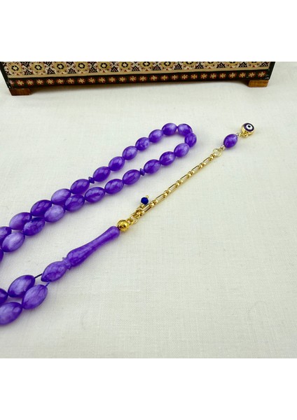 Mor Simli Sıkma Kehribar Altın Yaldız Püskül Dizaynlı Koleksiyonluk Tespih fiyatları