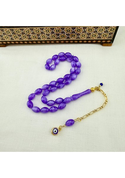 Mor Simli Sıkma Kehribar Altın Yaldız Püskül Dizaynlı Koleksiyonluk Tespih modelleri