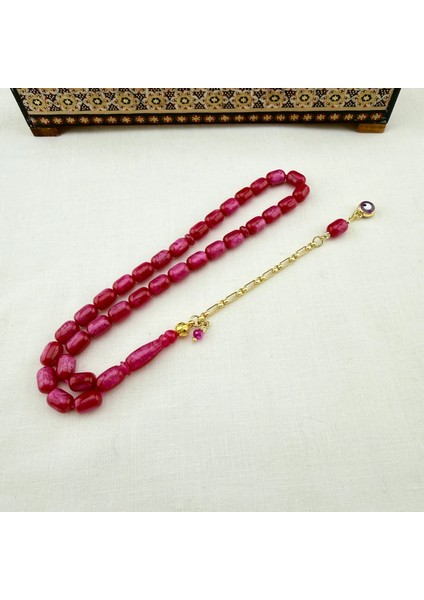 Neon Pembe Simli Sıkma Kehribar Altın Yaldız Püskül Dizaynlı Koleksiyonluk Tespih