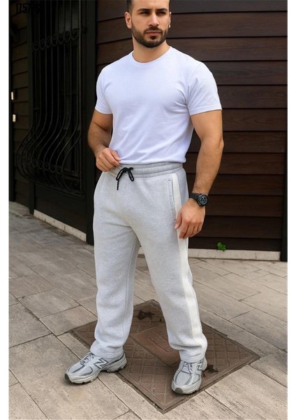 Erkek Üç Iplik Kışlık Pamuklu Yandan Garneli Kalın Bej Şeritli Cepli Eşofman Altı - Gri