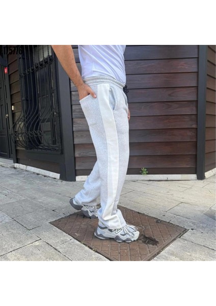 Erkek Üç Iplik Kışlık Pamuklu Yandan Garneli Kalın Bej Şeritli Cepli Eşofman Altı - Gri fiyatları