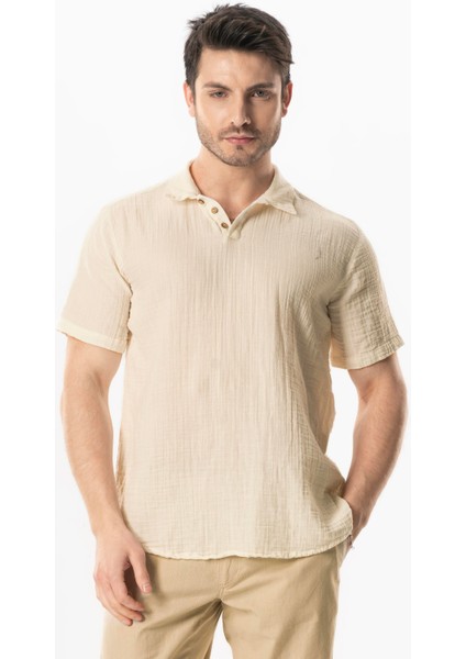 Kısa Kol Polo Yaka Müslin Yazlık Tshirt Bej Bej