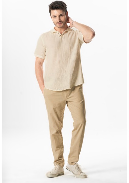 Kısa Kol Polo Yaka Müslin Yazlık Tshirt Bej Bej indirimleri