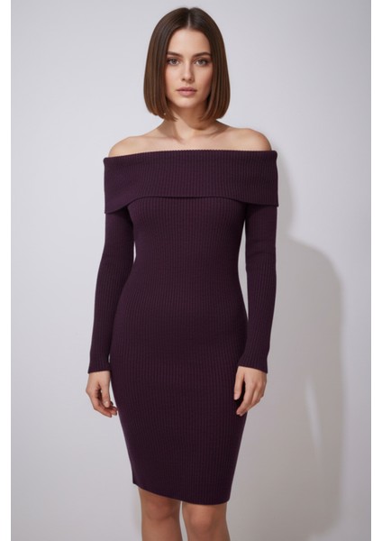 Kadın Mor Dizüstü Madonna Yaka Elbise