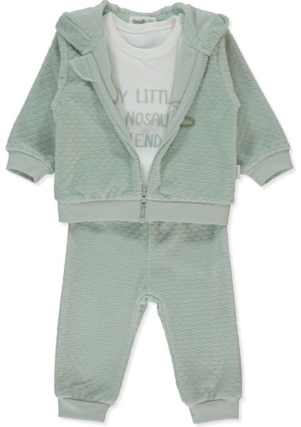 Kadife Fermuarlı Hırka 3lü Takım (Dınosaur) Mint