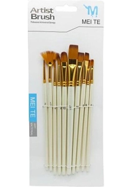 Akrilik & Yağlı & Guaj & Suluboya Fırça Seti 10'lu Yuvarlak ve Yelpaze ve Düz ve Kedi Dili Fırça