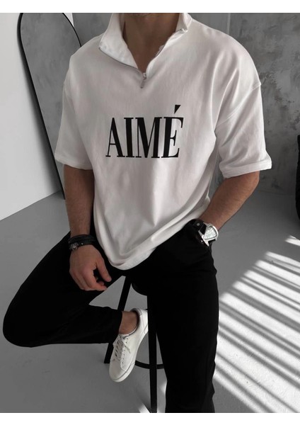 Unisex Yarım Fermuarlı Baskılı T-Shirt - Beyaz