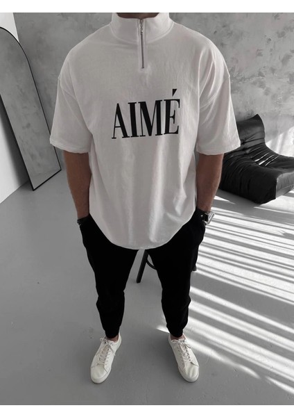 Unisex Yarım Fermuarlı Baskılı T-Shirt - Beyaz fiyatları