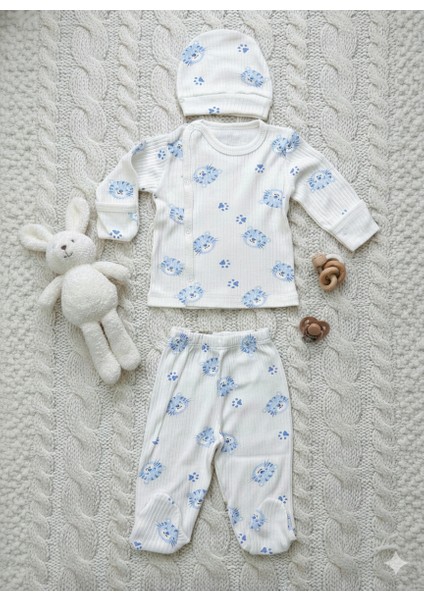 3’lü Mavi Aslan Desenli Yeni Doğan Bebek Takımı – %100 Pamuk – Erkek Bebek Hastane Çıkışı Seti