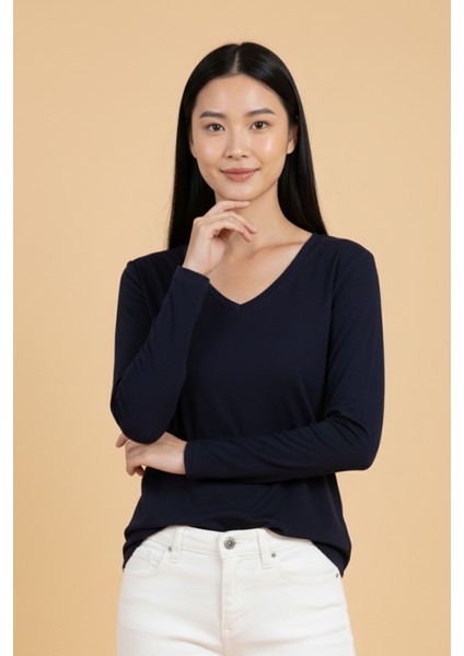 Kadın V Yaka Lacivert Viskon Bluz