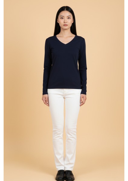 Kadın V Yaka Lacivert Viskon Bluz modelleri