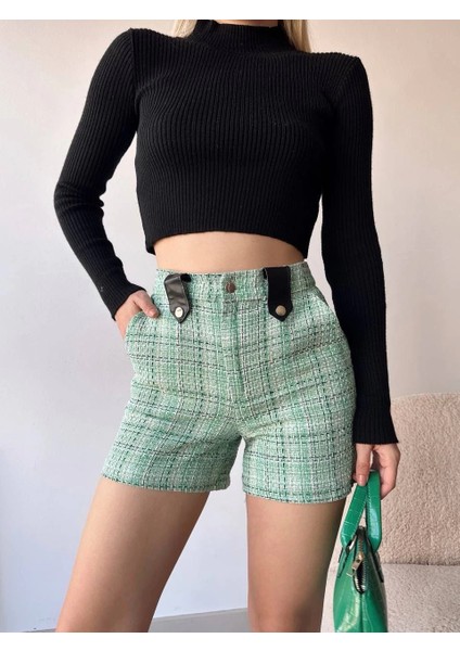 Çıtçıtlı Siyah Köprü Tüvit Şort Yeşil