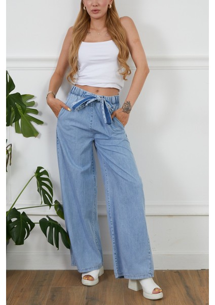 Kadın Rahat Kesim Beli Lastikli İnce Kot Pantolon