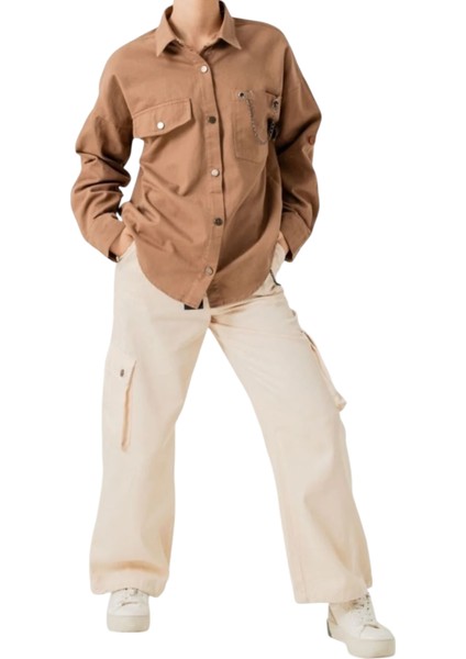 Kız Çocuk Keten Kumaş Zincir Detaylı Gömlek ve Kargo Cepli Bol Paça Pantolon Takımı