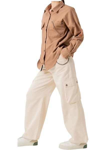 Kız Çocuk Keten Kumaş Zincir Detaylı Gömlek ve Kargo Cepli Bol Paça Pantolon Takımı fiyatları