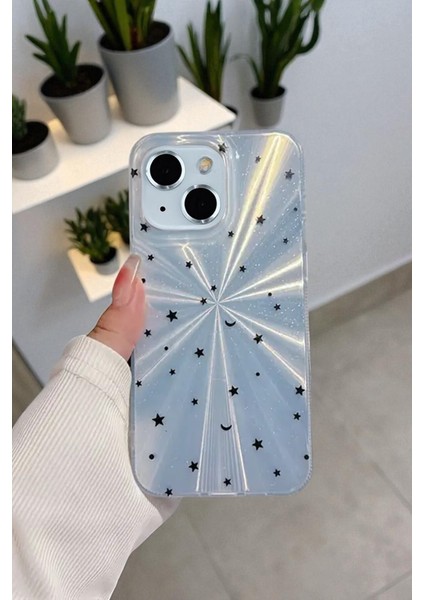 Apple iPhone 15 Uyumlu – Mavi Yıldız Patlaması Desenli Parlak Şeffaf Silikon Kılıf