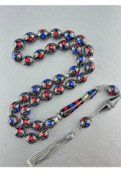 Erzurum Has Oltu Taşı Firuze Işlemeli Tesbih Mavi Kırmızı