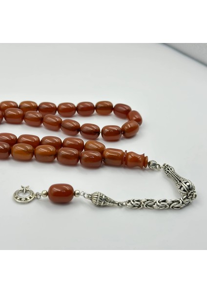 925 Ayar Gümüş Püsküllü Ayyıldız Detaylı Turuncu Alman Sıkma Kehribar Tespih