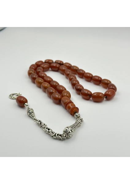 925 Ayar Gümüş Püsküllü Ayyıldız Detaylı Turuncu Alman Sıkma Kehribar Tespih fiyatları