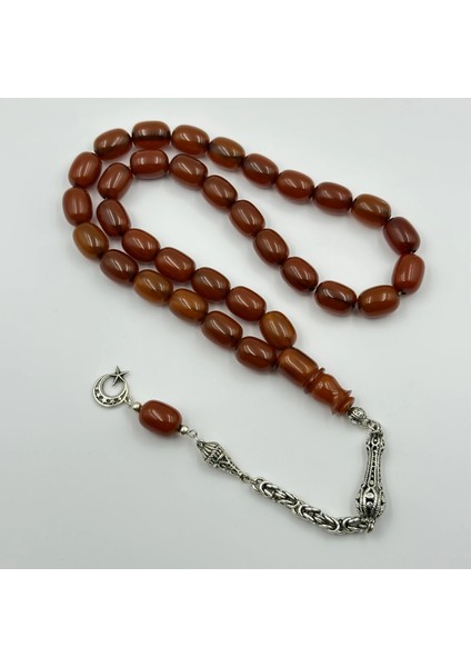 925 Ayar Gümüş Püsküllü Ayyıldız Detaylı Turuncu Alman Sıkma Kehribar Tespih modelleri