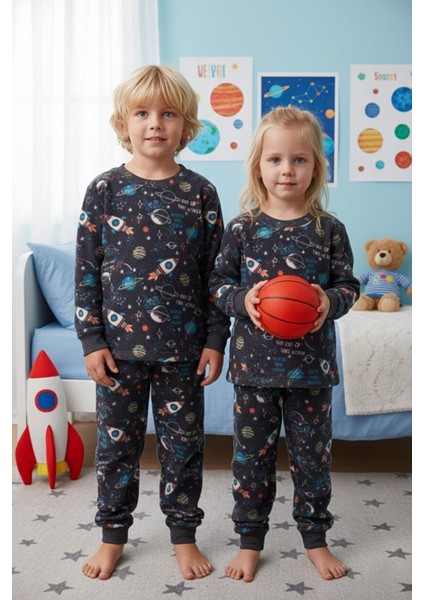 Roket Desenli Bisiklet Yaka Polar Unisex Çocuk Pijama Takımı