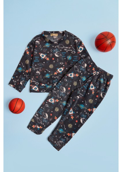 Roket Desenli Bisiklet Yaka Polar Unisex Çocuk Pijama Takımı modelleri