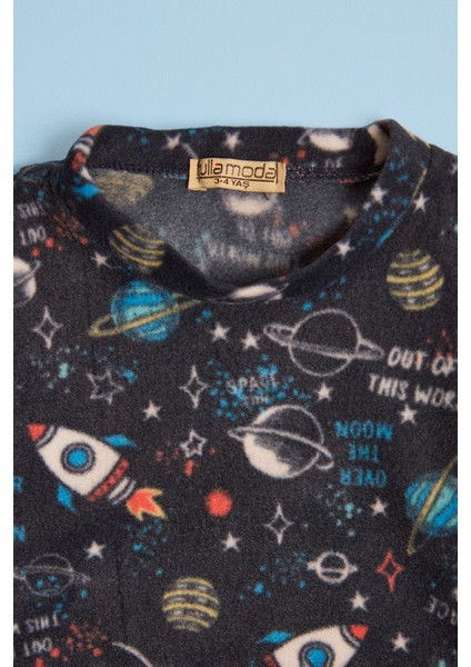 Roket Desenli Bisiklet Yaka Polar Unisex Çocuk Pijama Takımı