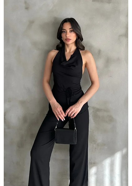 Kadın Siyah Degaje Yaka Bluz ve Pantolon Ikili Takım