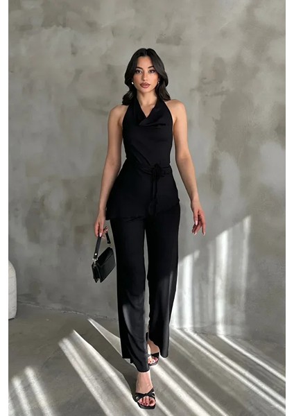 Kadın Siyah Degaje Yaka Bluz ve Pantolon Ikili Takım fiyatları