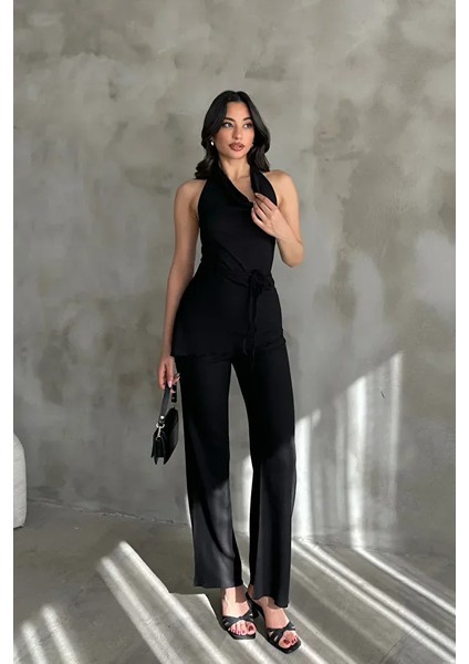 Kadın Siyah Degaje Yaka Bluz ve Pantolon Ikili Takım modelleri