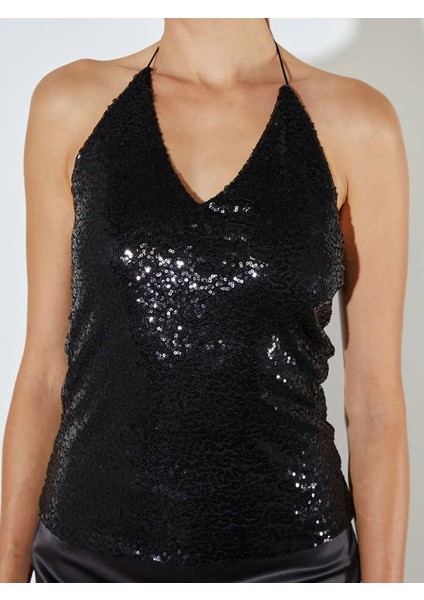 Soulife Siyah Halter Yaka Pul Payetli Bluz modelleri