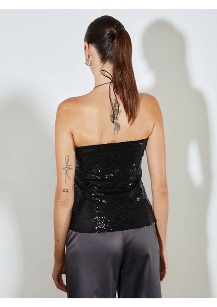 Soulife Siyah Halter Yaka Pul Payetli Bluz fırsatları