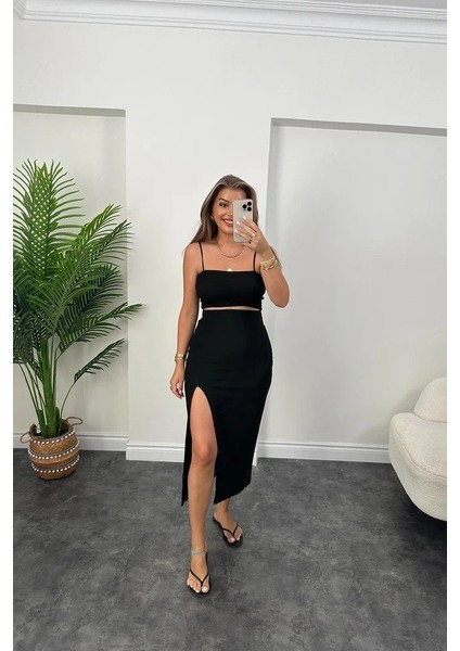 Kadın Ottoman Kumaş Likralı Midi Boy Kalem Etek Siyah