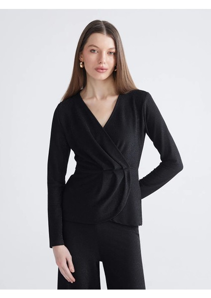 Lcwaıkıkı Basic Karışık Kruvaze Yaka Parlak Görünümlü Büzgülü Bluz