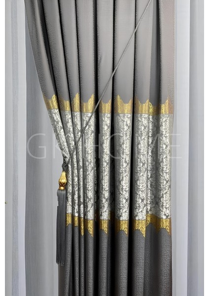 Pano Fon Perde Koyu Gri Damask Çiçek Desenli Fon Perde Sık Pile 1/3 Tek Kanat modelleri