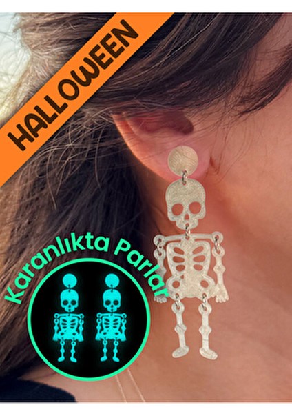 Halloween Cadılar Bayramı Gece Parlayan Fosforlu Iskelet Özel Tasarım Küpe