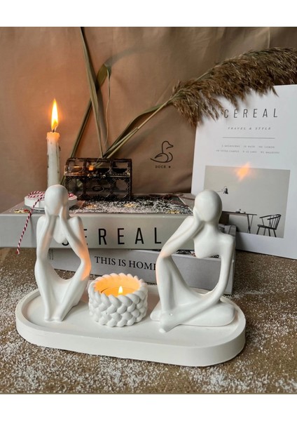 Soyut Düşünür Insan Figürü ve Örgü Desenli Mumluk Set 2’li