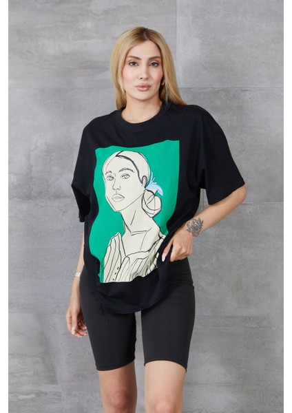 Kadın Silüet Baskılı Bisiklet Yaka Oversize T-Shirt modelleri