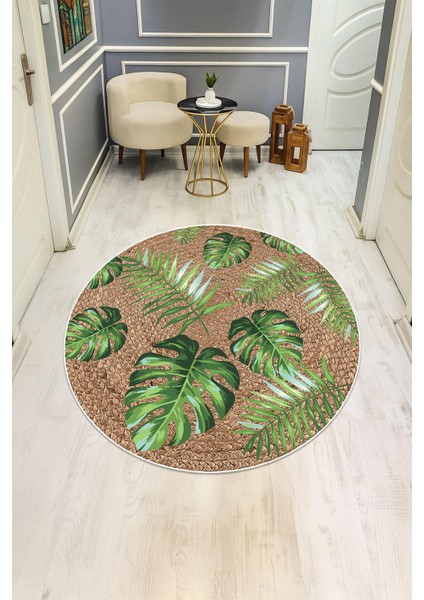 Yuvarlak Dijital Baskı Yaprak Hasır Görünümlü Modern Kaymaz Tabanlı Halı H0316